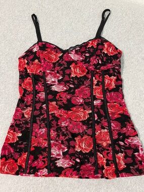 Y2K Whimsigoth Corset Babydoll Tank Top XL Dark Floral Mesh Indie Fairy Moody
